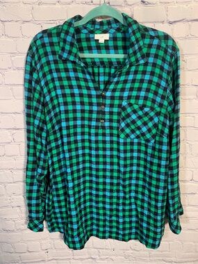 J.Jill Womens Checkered Flannel Popover Top Blue Green Sz 2X Casual Outdoor